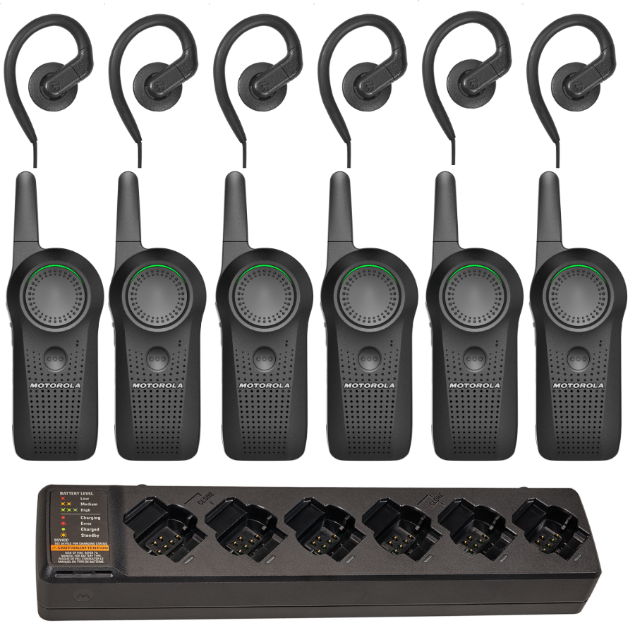 Motorola DLR110 Curve Complete Package - 6 Radios, 6 Earpieces, 6-Bank Charger